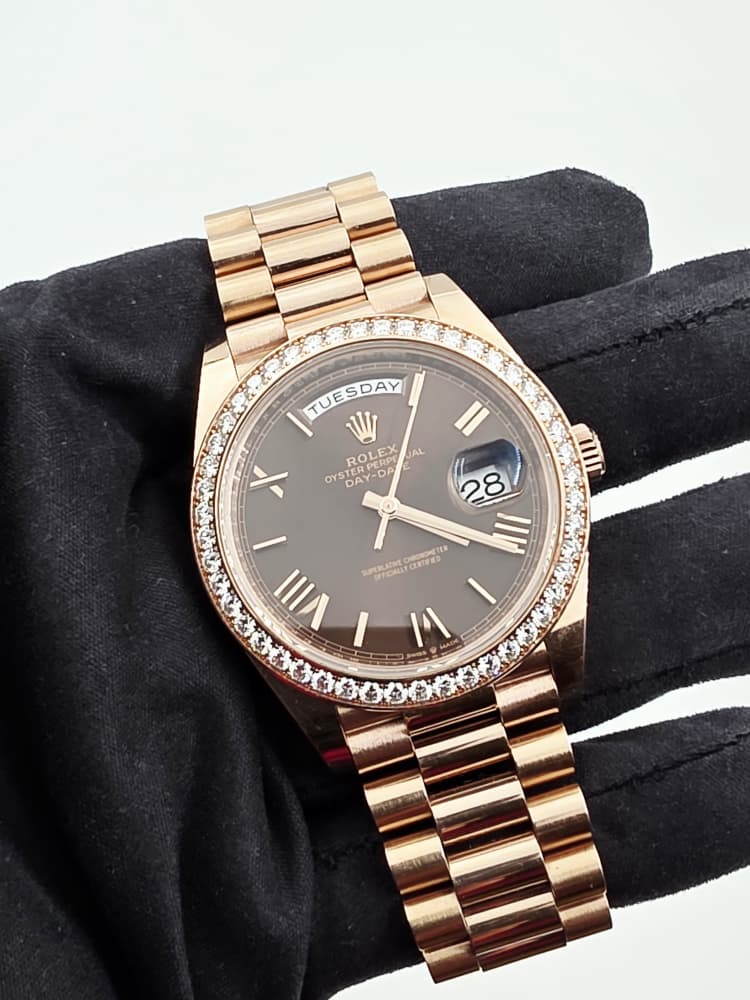 Rolex Day-Date 40 in Rose Gold with Factory Diamond Bezel and Chocolate Dial