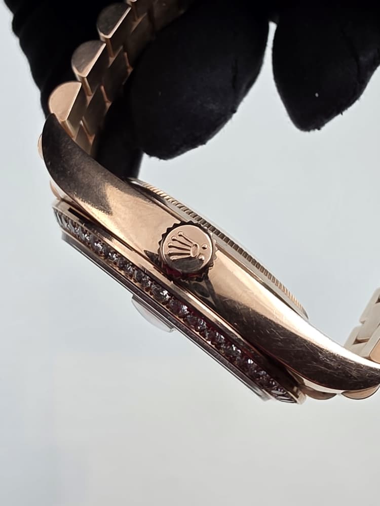 Rolex Day-Date 40 in Rose Gold with Factory Diamond Bezel and Chocolate Dial