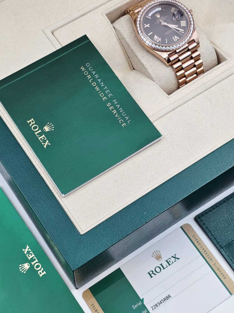 Rolex Day-Date 40 in Rose Gold with Factory Diamond Bezel and Chocolate Dial