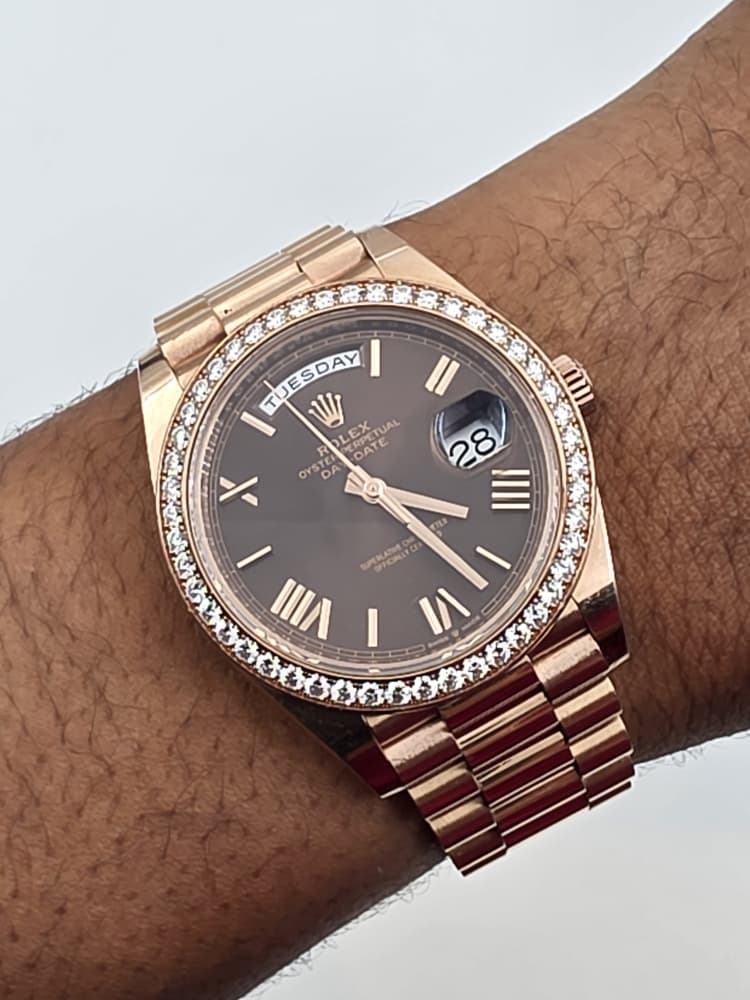 Rolex Day-Date 40 in Rose Gold with Factory Diamond Bezel and Chocolate Dial