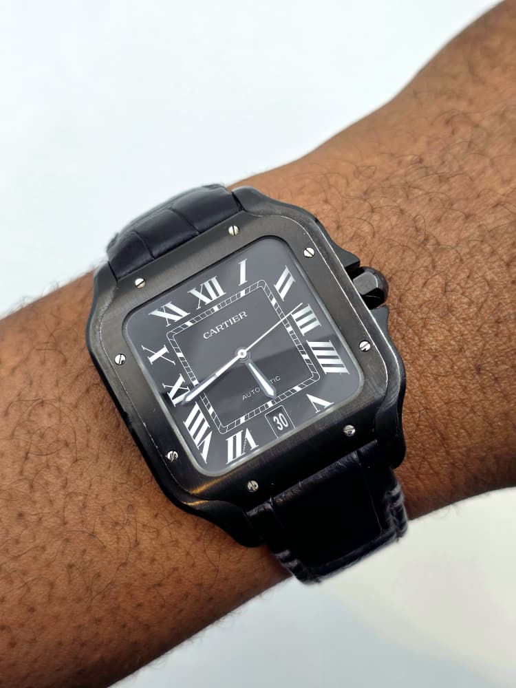 Cartier Santos Large in Black DLC Coated Steel with Black Dial and Leather Strap