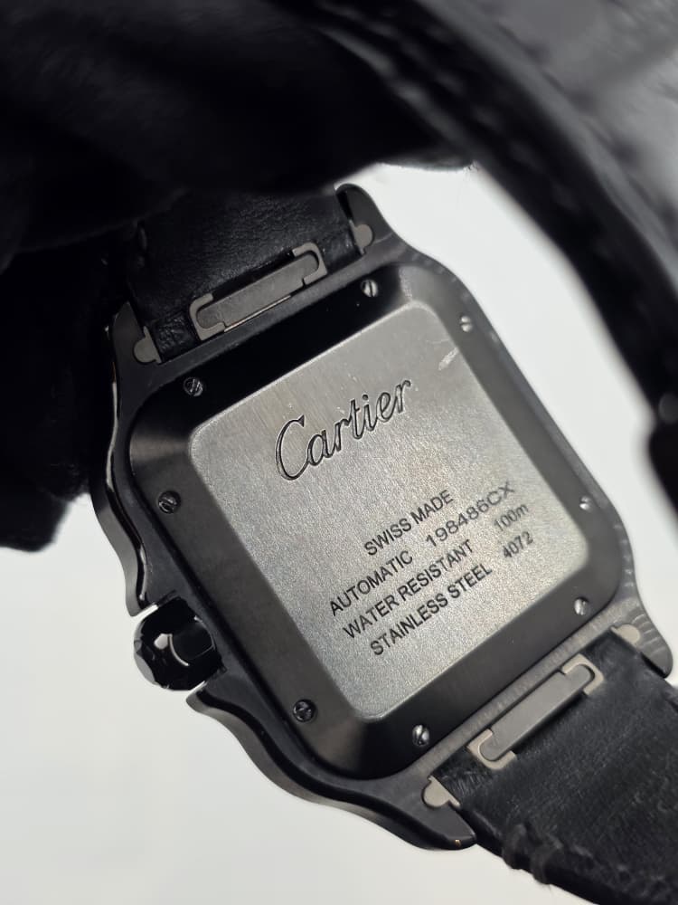 Cartier Santos Large in Black DLC Coated Steel with Black Dial and Leather Strap