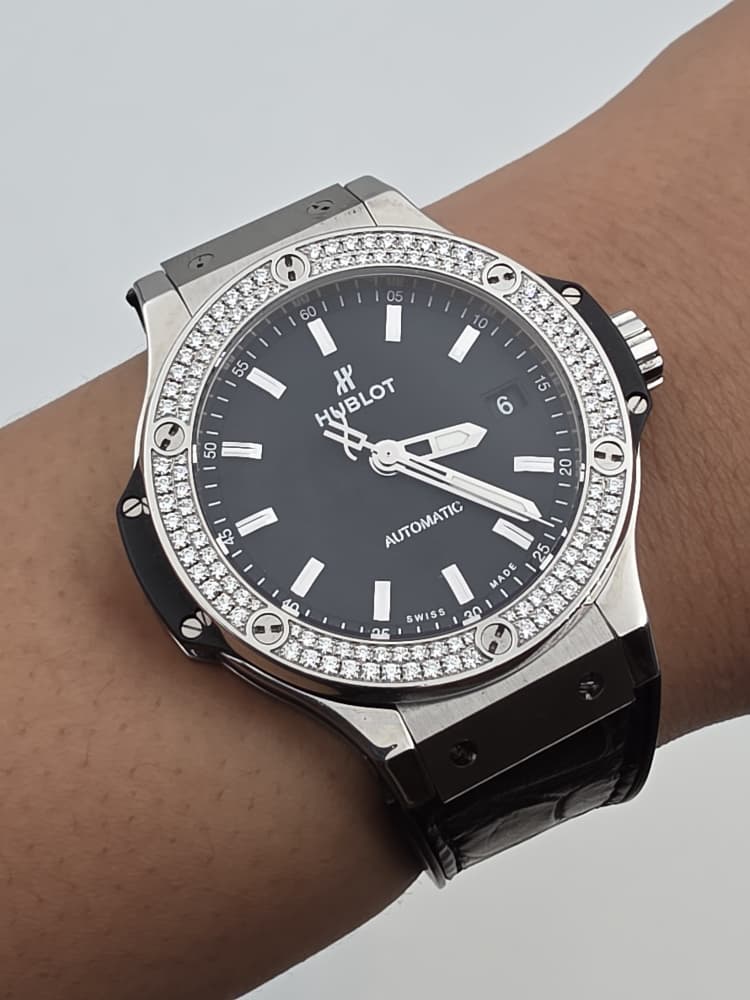 Hublot Big Bang 38mm Steel with Factory Diamond Bezel and Hybrid Leather Strap