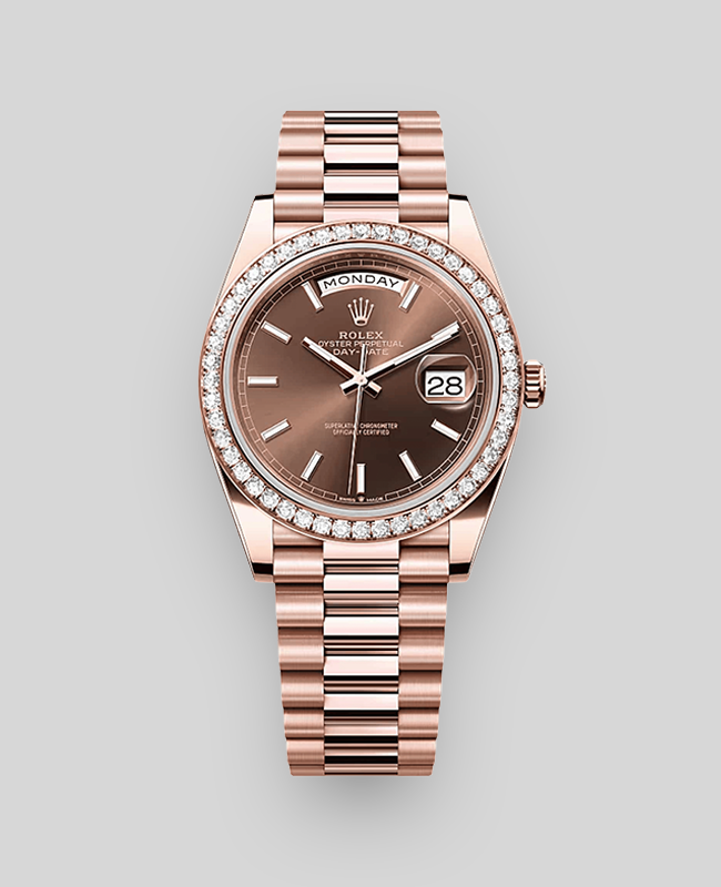 Rolex Day-Date 40 in Rose Gold with Factory Diamond Bezel and Chocolate Dial