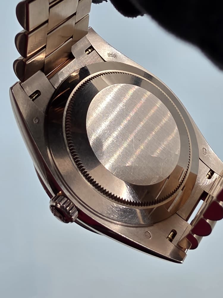 Rolex Day-Date 40 in Rose Gold with Factory Diamond Bezel and Chocolate Dial