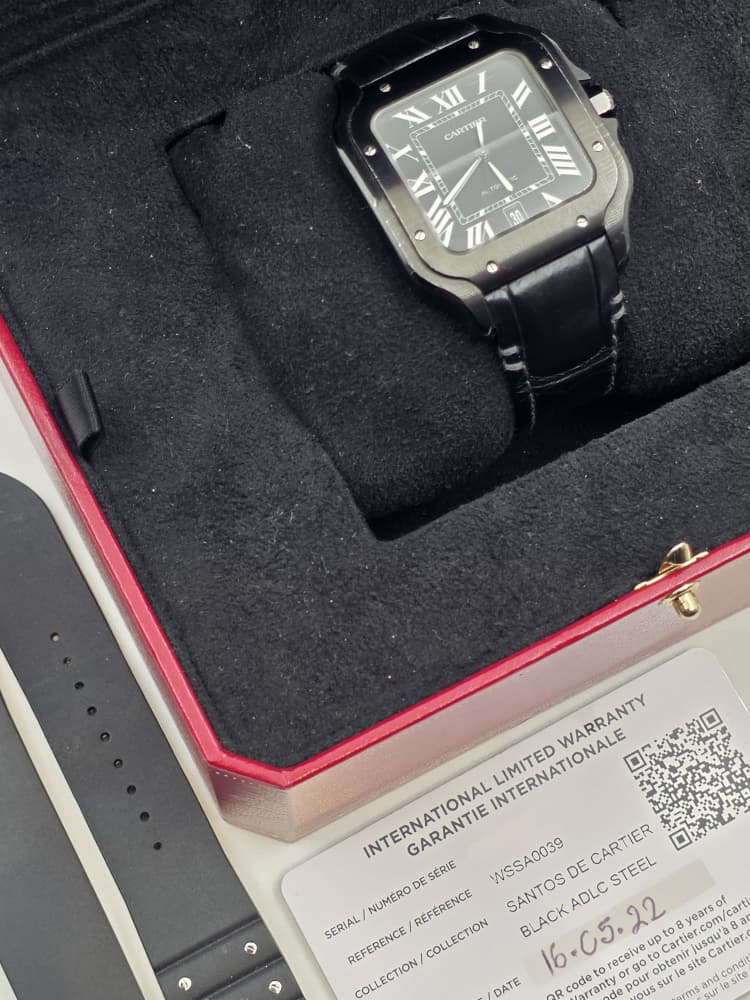 Cartier Santos Large in Black DLC Coated Steel with Black Dial and Leather Strap
