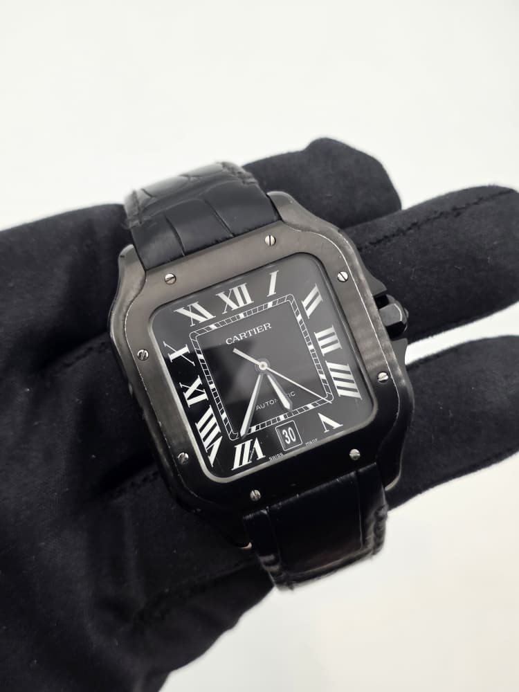 Cartier Santos Large in Black DLC Coated Steel with Black Dial and Leather Strap