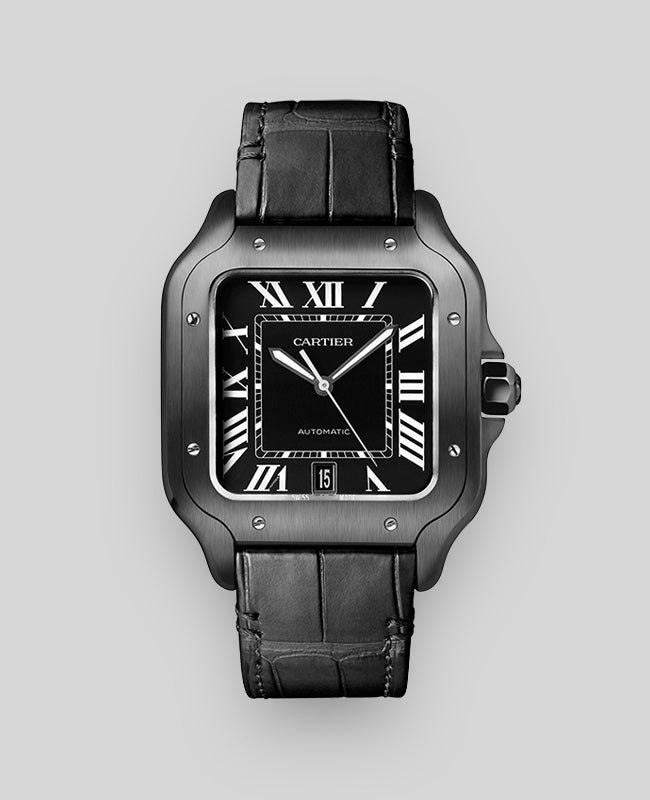 Cartier Santos Large in Black DLC Coated Steel with Black Dial and Leather Strap