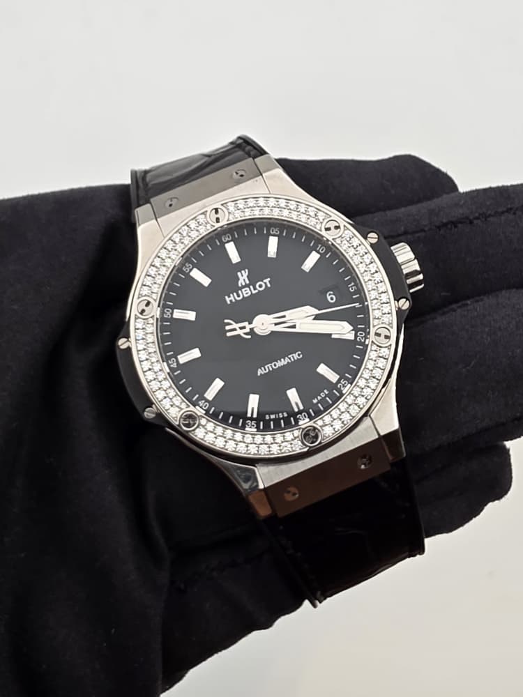 Hublot Big Bang 38mm Steel with Factory Diamond Bezel and Hybrid Leather Strap