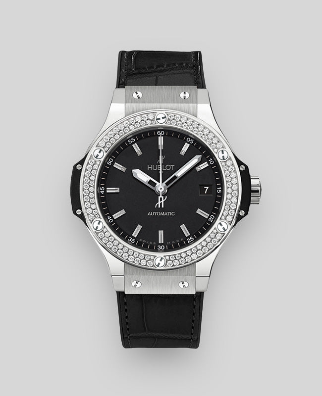 Hublot Big Bang 38mm Steel with Factory Diamond Bezel and Hybrid Leather Strap