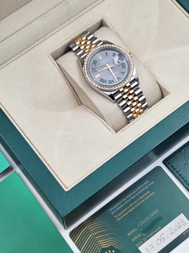 Rolex Datejust 36 Yellow Gold and Steel with Wimbledon Dial, Factory Diamond Bezel, and Jubilee Bracelet