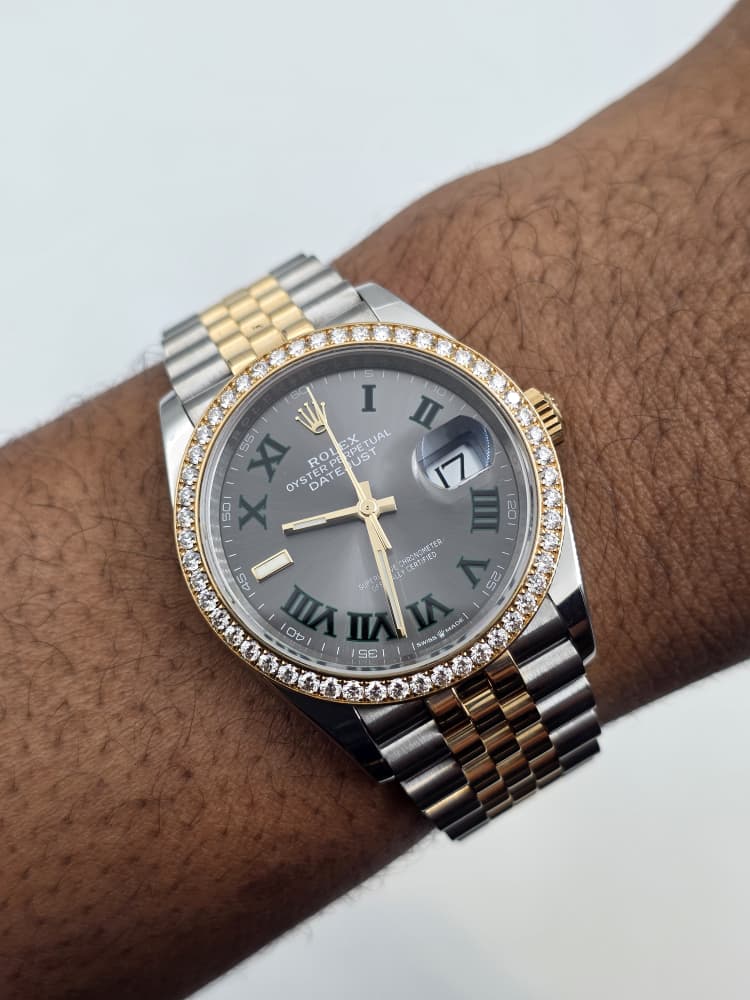 Rolex Datejust 36 Yellow Gold and Steel with Wimbledon Dial, Factory Diamond Bezel, and Jubilee Bracelet